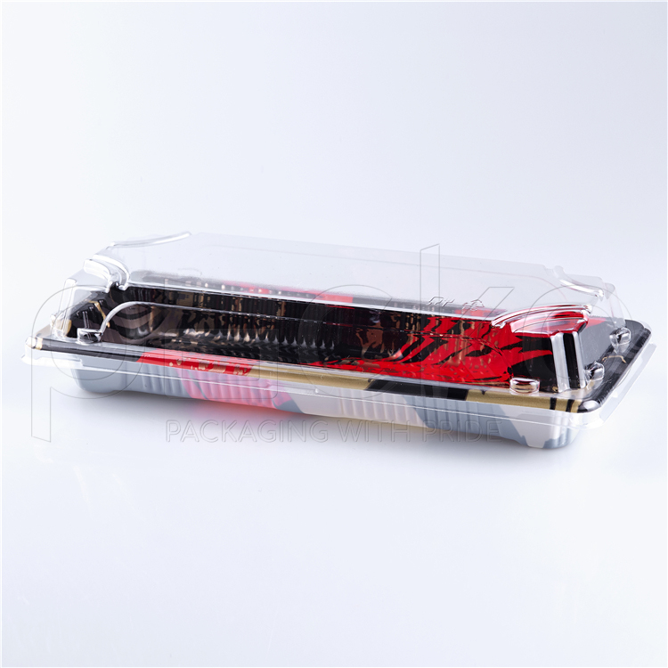 ถาดซูชิพรีเมียมฝาใส ขนาด 6-7 คำ ลายแดงทอง