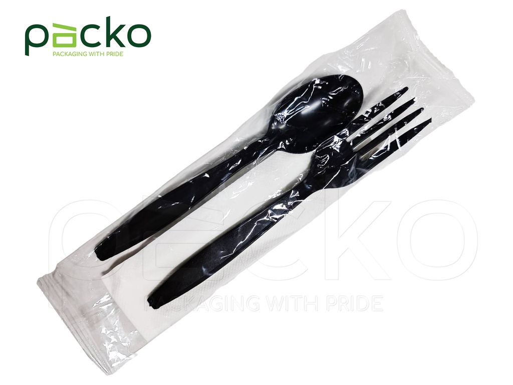 ชุดช้อน-ส้อมพลาสติกสีดำพร้อมทิชชู่ แพ็คซองพลาสติก