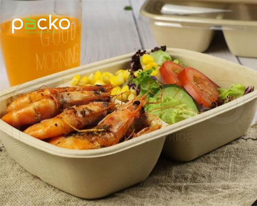 กล่องอาหารชานอ้อย รักษ์โลก ย่อยสลายได้ 100%  2 ช่อง ขนาด 900 ml. (ไม่รวมฝาปิด)