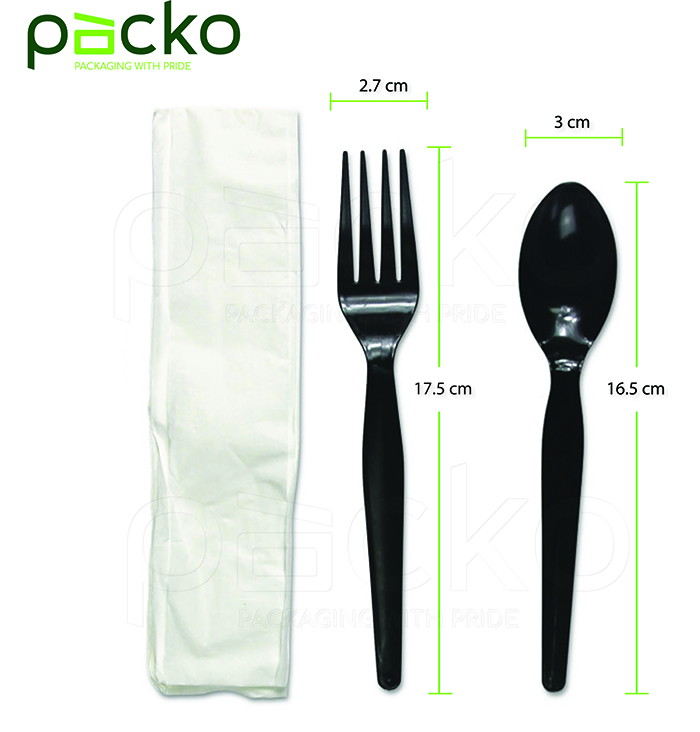 ชุดช้อน-ส้อมพลาสติกสีดำพร้อมทิชชู่ แพ็คซองพลาสติก