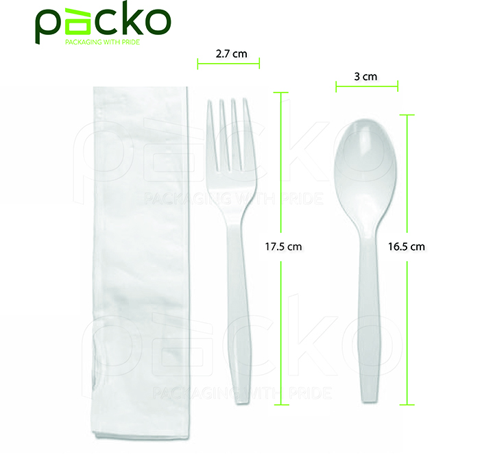 ชุดช้อน-ส้อมพลาสติกสีขาวพร้อมทิชชู่ ตรา PACKO